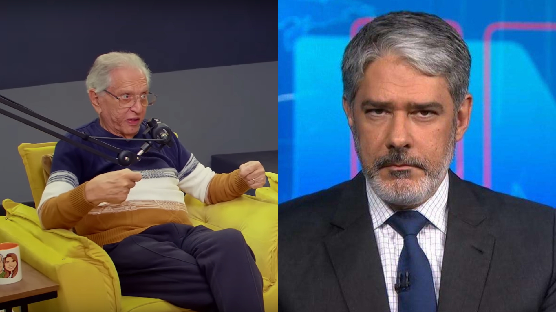 Carlos Alberto de Nóbrega durante podcast e William Bonner no Jornal Nacional